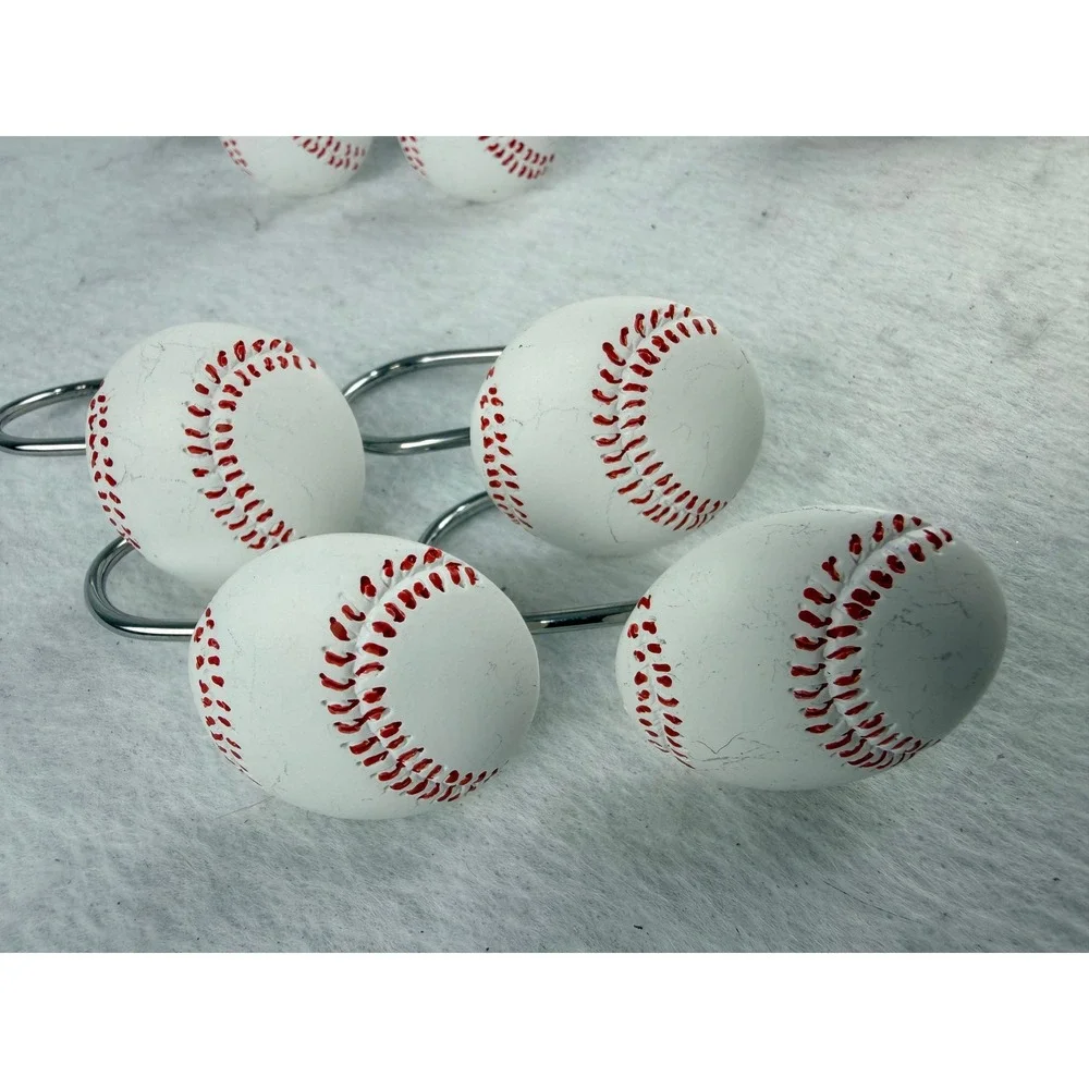 Set of 12 Baseball Shower Curtain Hooks White Red Stitching Sports Theme Decor